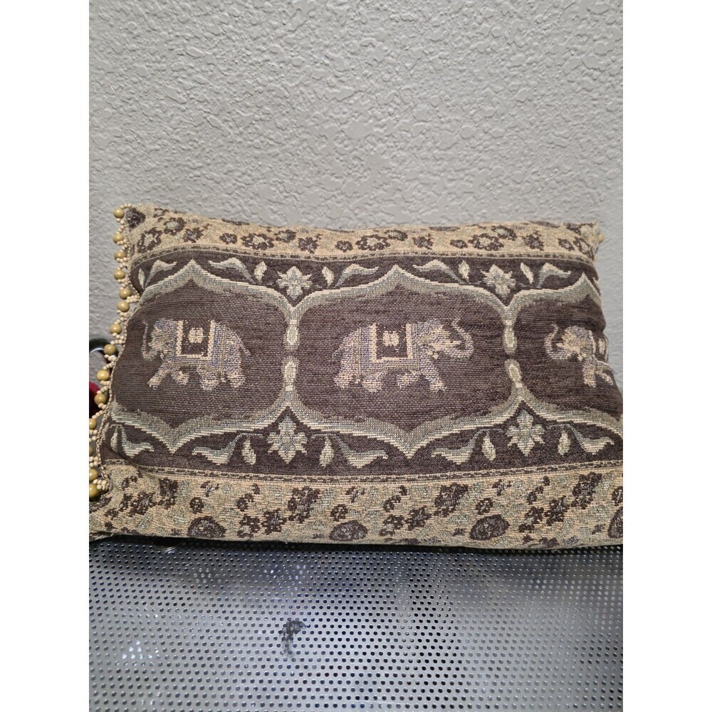 Pier One Tan Brown Elephant Decorative Pillow Beaded Sides 17" By 12"